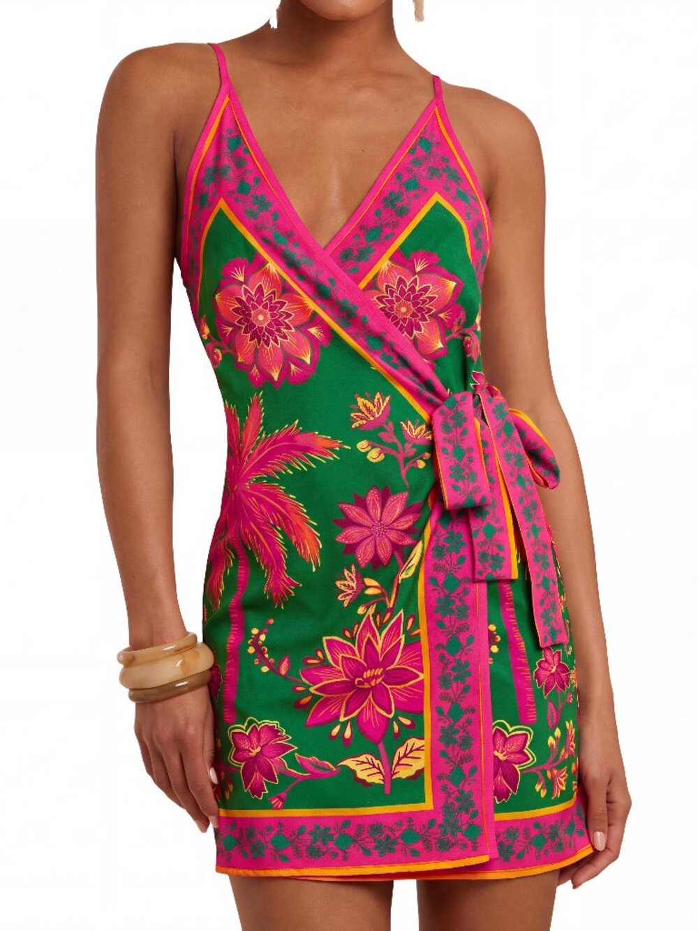 Tropical Floral Wrap Mini Dress Green Pink Palm Print Summer Size L